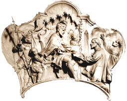 Die Darstellung der Urkundenübergabe durch König Heinrich II. an Vertreter des Klosters Polling in der heutigen Pfarrkirche von Polling bei Weilheim in Oberbayern